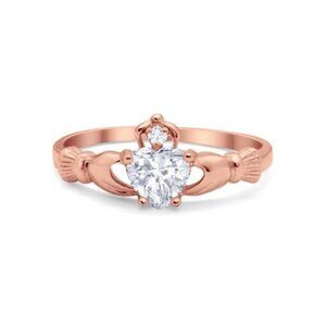 (Size 10) Rose Gold Sterling Silver Claddagh Heart CZ Promise/Wedding Ring